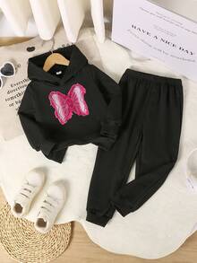 Young Girls Butterfly Pattern Hooded Long Sleeve Casual Sweatshirt Set - Black - View 6