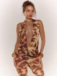 MUSERA 深V动物纹印花垂褶上衣，可爱百搭，适合日常春夏假日穿着 - 棕色 - 查看 1