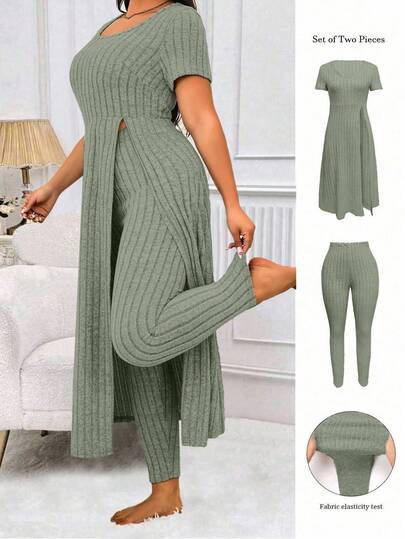 EURMUSE Plusstorlek Dam Enfärgad Rund Hals Kortärmad Sidoslits Fåll Lång Ribbad T-shirt Och Byxor Casual 2 Piece Set