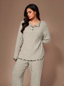 Lazeform Plus Size Women's Light Gray Lapel Ruffled Ribbed Knit Long Sleeve Top And Pants 2-Pieces Pajama Set,Light Green,Autumn,Nighty Winter Clothes - Light Grey - View 4