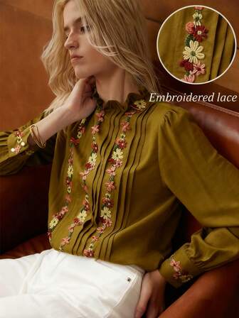 Écloséra Women's Elegant Round Neck Ruffle Floral Print Straight Fit Long Sleeve Office Shirt