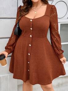 EMERY ROSE 大码女式纯色网纱刺绣拼接针织毛绒罗纹圆领长袖A字休闲短裙 - 棕色 - 查看 3