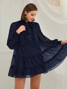 Enchnt Women's Fashion Tie Collar Round Dot Ruffle Hem Short Dress,Fall,Fall Clothes For Women,Women's Winter Clothes