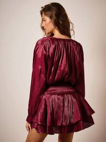 COSMINA Christmas Dress Women's Solid Color Tie Collar Long Sleeve Double Ruffle Hem Elegant Short Dress, Burgundy Dress - Burgundy - View 2