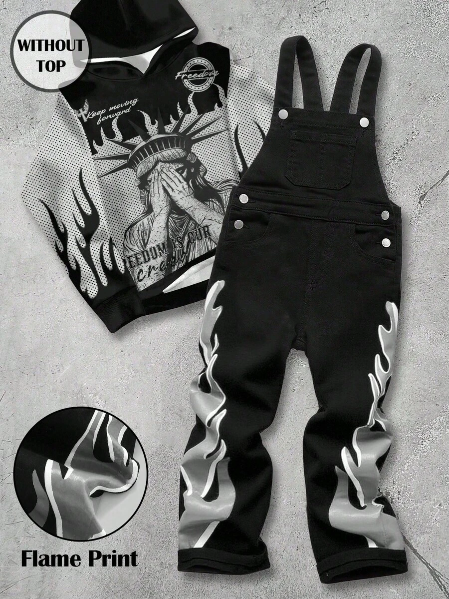 男童火焰印花黑色牛仔背带裤 - 黑色 - 查看 1