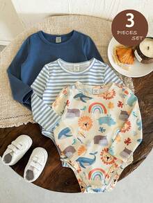 LMoss Kids LMoss 3件套男婴可爱百搭针织弹力条纹动物印花长袖连体衣，适合各种场合，舒适秋冬款式 - 彩色 - 查看 1