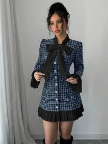 Elenzga 秋冬季蝴蝶结领撞色褶裥短裙 - 藍色 - View 5