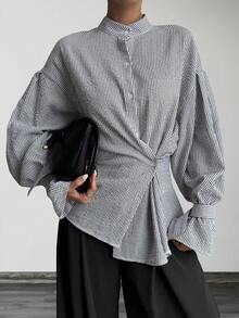 DAZY Women's Mandarin Collar Striped Loose Casual Blouse Long Sleeve