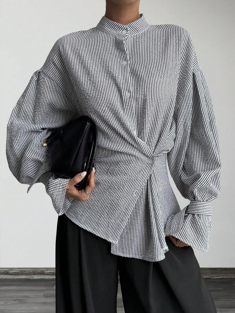 Women's Mandarin Collar Striped Loose Casual Blouse Long Sleeve