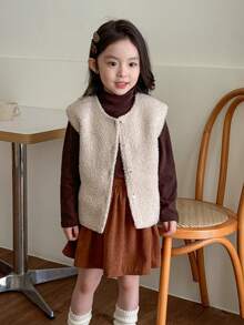 Genkimix Kids Genkimix Young Girl Casual Solid Color Faux Wool Vest Jacket,Versatile Apricot Outerwear,Suitable For Outings,School,Indoor Casual Wear Fall Winter - Apricot - View 7