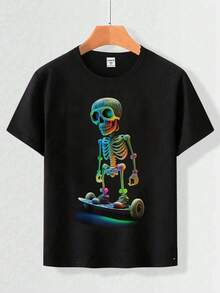 GraphicGems Camiseta de manga corta de estilo informal con estampado de calavera en el marco de monopatín colorido y de moda para niño preadolescente, para todas las estaciones - Multicolor - Ver 7
