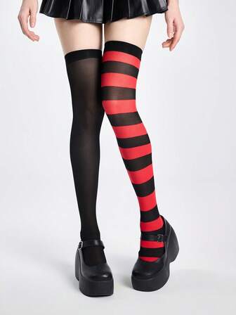 Goth 1pair Women Heart & Plaid Pattern Over The Knee Socks