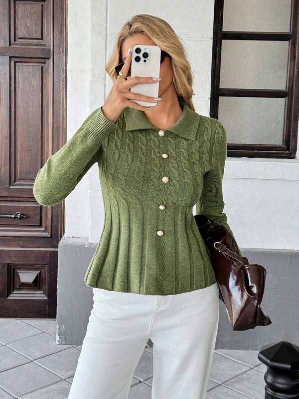 Pariaura Women's Autumn/Winter Thick Turtleneck Polo Neck Slim Fit Ruffled Denim Cable Knit Pullover Sweater