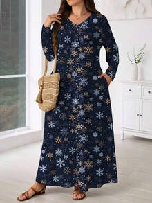 Lacomfia 女式雪花数码印花休闲圆领长袖口袋优雅长裙 - 彩色 - 查看 3