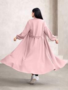 Graceveil Elegant Waist Cinched Long Sleeve Stand Collar Minimalist Design Outerwear, Flattering Fit, Suitable For Autumn/Winter Abayas - Pink - View 2