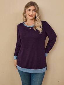 EMERY ROSE 加大码女式撞色圆领长袖休闲宽松卫衣 - 紫色 - 查看 3