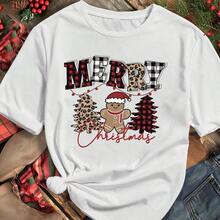 Playera de mujer estilo festivo con estampado de letras, muñeco de jengibre y árboles, corte holgado, cuello redondo, manga corta, primavera/verano, casual y versátil - Blanco - Ver 1