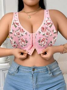 DesireSculpt 1 pieza Sujetador inalámbrico con cierre frontal y estampado floral para mujer de talla grande - Rosa - Ver 5
