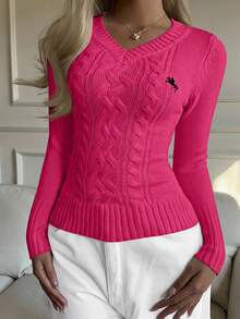 SHEIN Tall CURVE 大码女式骑士图案长袖V领毛衣，秋冬款 - 玫紅色 - 查看 4