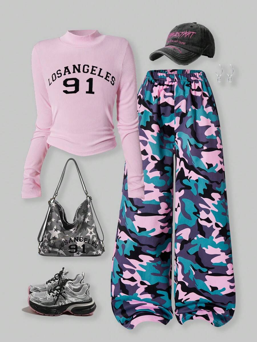 SHEIN Explorewe 两件套：少女街头风字母印花圆领长袖T恤+迷彩印花裤 - 粉色 - 查看 1