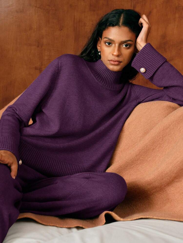 BUTTON DECOR SWEATER & KNIT PANTS SET