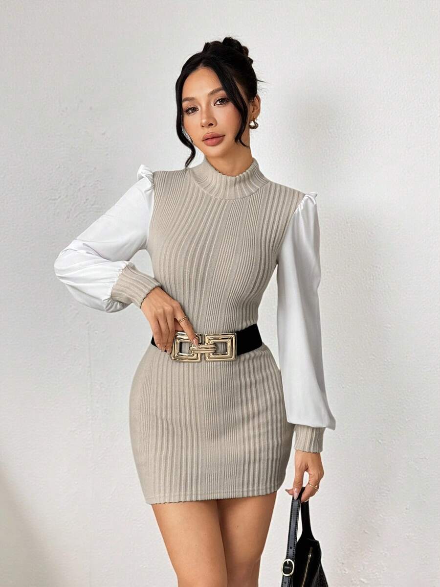 SHEIN PETITE 主教袖罗纹立领连衣裙 - 杏色 - 查看 1