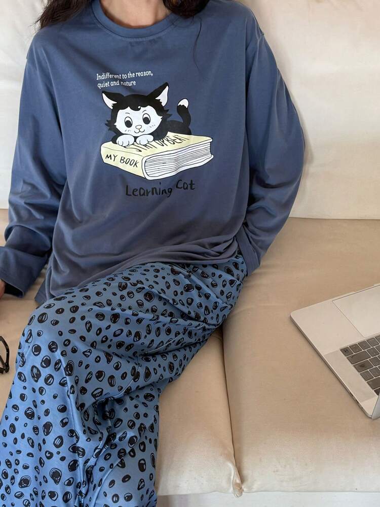 Cat Print Loose T-Shirt Top & Polka Dot Scribble Pattern Pajama Pants 2-Piece Sleepwear Set For Women