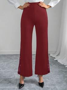 SHEIN Clasi Women's Elegant Mesh & Glitter Splice Black Slim Straight Wide Leg Pants, Suitable For Commuting, Casual Everyday Wear, Spring/Summer,Fall,Fall Clothes For Women,Women's Winter Clothes - Burgundy - View 4