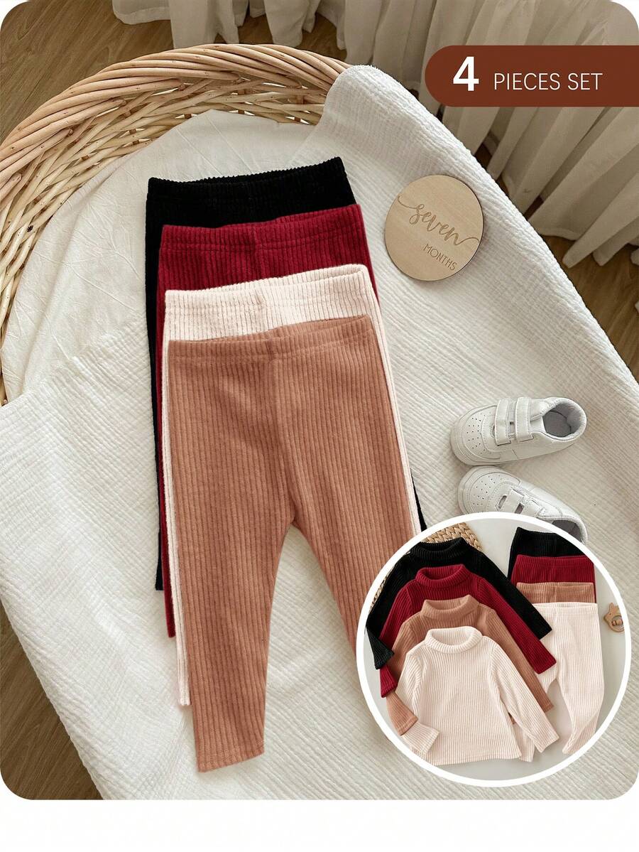 SHEIN 4条装女婴休闲纯色弹力腰针织裤，秋冬季 - 彩色 - 查看 1