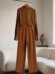 Franclia Apricot Button-Up Shirt & Elongated Pants Women's Suit - Brown - View 2