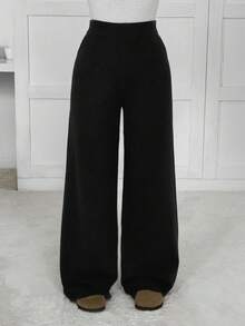 SHEIN EZwear 女士纯色高腰直筒宽松休闲针织裤 - 黑色 - 查看 6