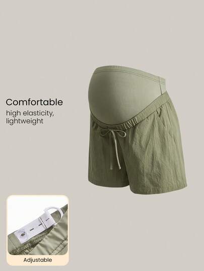 Modmama Pregnant Women's Solid Color Elastic Waist Drawstring Casual Textured Fabric Shorts Pregnancy Shorts Comfortable Shorts Khaki Shorts Women Maternity Short Stretchy Shorts For Woman