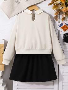 SHEIN 2pcs/Set Tween Girls' School Style Collared Sweatshirt With English Print Paired With Fashionable Pleated Skirt, Featuring Contrast Sleeve Ribbon And Bow Decor, Comfortable Knit Fabric, Youthful Vibe, Suitable For School Or Casual Outings - Multicolor - View 2