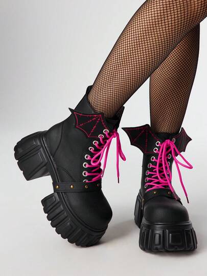 Women's Gothic Punk Rock Winged Platform Thick Sole Motorcycle Boots, Leather Lace-Up Knight Boots For Party Dress, Ankle Boots And Short Boots