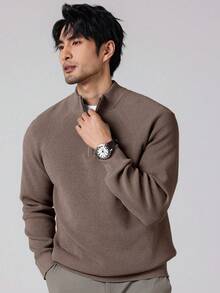 Manfinity Homme 加大码男士纯色插肩袖长袖拉链休闲毛衣，秋冬款 - 咖啡棕 - 查看 6