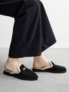 CUCCOO BIZCHIC 女士时尚黑色绒面革舒适厚人造毛皮一脚蹬穆勒鞋，平底休闲乐福鞋，适合户外、工作、日常穿着 - 黑色 - 查看 5