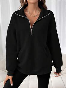 INAWLY Sudadera casual holgada de manga larga con media cremallera y hombros caídos para mujer de talla grande de un solo color - Negro - Ver 1