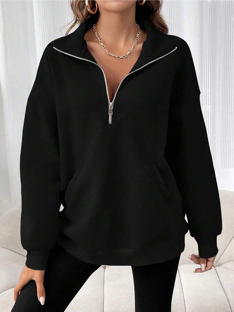 INAWLY Sudadera casual holgada de manga larga con media cremallera y hombros caídos para mujer de talla grande de un solo color - Negro - Ver 1