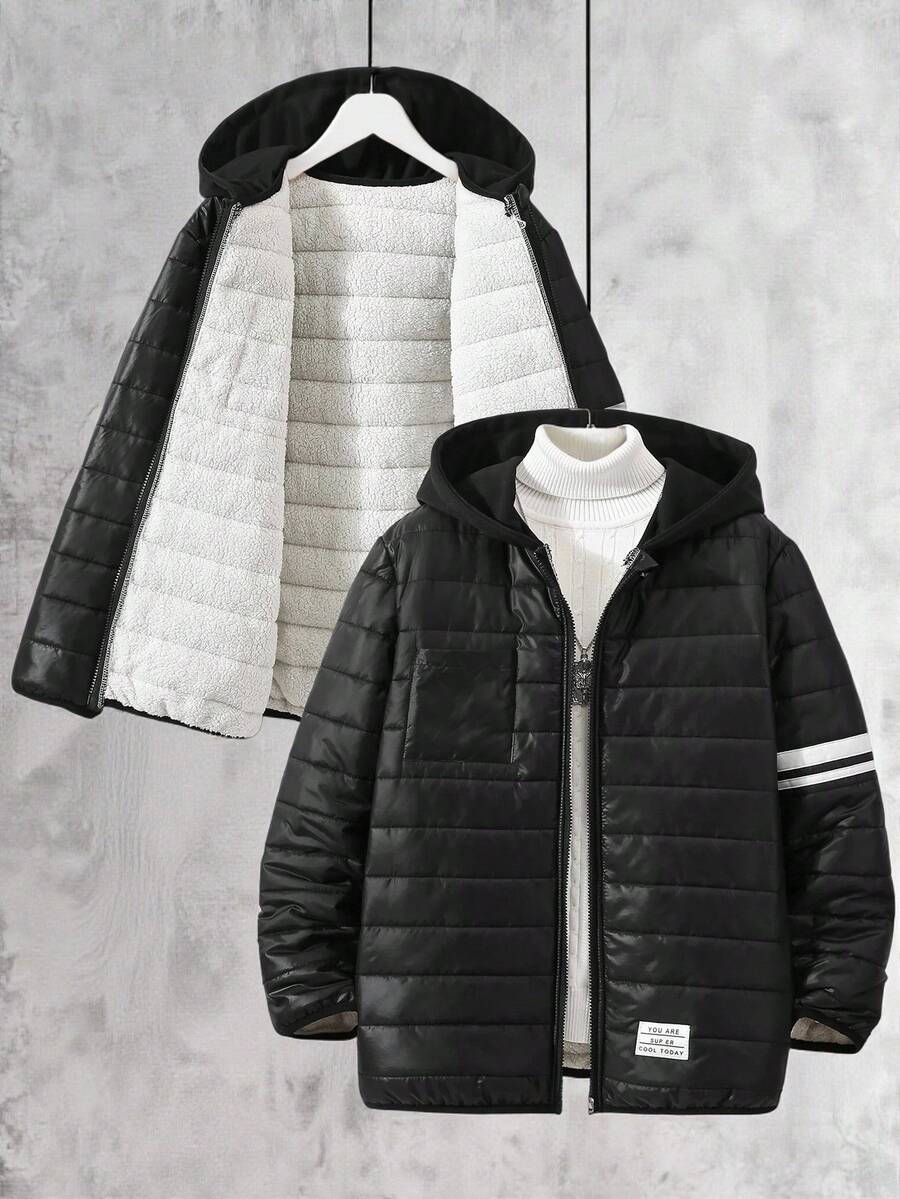 Vacaura Teenage Boys' Quilted Thickened Fleece 3-In-1 Applique Patch Drawstring Padded Coat - Black - View 1