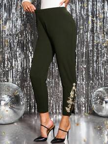 Gownix Women's Embroidered Hem Slit Waist Skinny Elegant Pants - Army Green - View 3