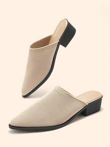 CUCCOO BASICS Women's Pointed Toe Chunky Heel Knit Fabric Comfortable Breathable Mule Slip-On Shoes, Casual Commuting Wear - Apricot - View 2