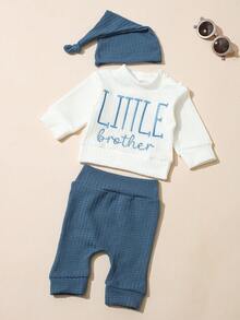 SHEIN HELLO Letter Embroidered Newborn Photography Outfit, Baby Boys/Girls Top, Pants, Hat 3pcs Set, Infant 1 Month To 100 Days Studio Photo Shoot Clothing