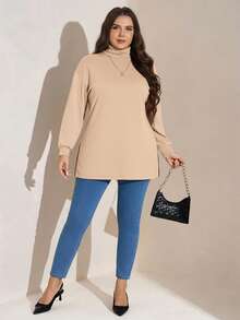 SHEIN LUNE Áo thun cổ lọ hở vai cỡ lớn, xẻ tà, mùa đông, đi chơi, năm mới, ngày lễ cho phụ nữ - Màu be - Xem 4