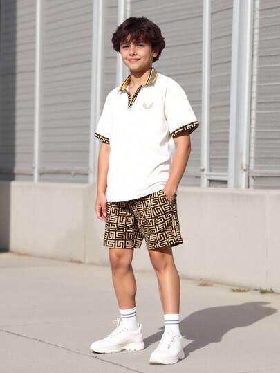 Vacaura 2 件套青少年男孩休闲复古花卉印花衬衫和短裤套装，适合春夏日常装