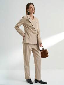 INAWLY 褶裥系腰西装外套和直筒裤套装 - 卡其色 - 查看 4