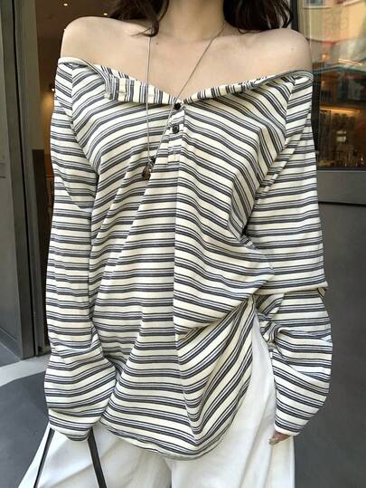 DAZY Camiseta de manga larga casual con rayas, estilo coreano para mujer