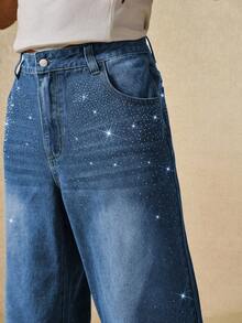 ROMWE MEN Street Life Loose Straight Comfortable Rhinestone Pocket Casual Jeans - Medium Wash - View 7
