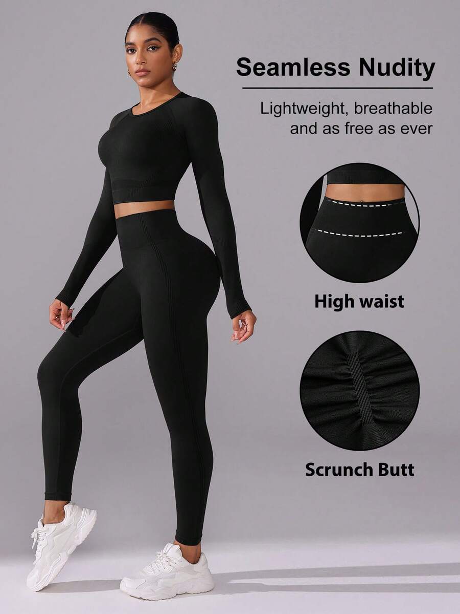 Eassivo Women's Solid Color Raglan Sleeve T-Shirt And High Waist Leggings Seamless Sports Set Workout Legging Two Piece Set Curve Activewear Set Curve Workout Set - Black - View 1
