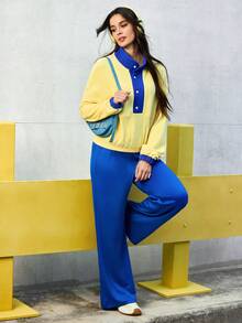 SHEIN Sovereign Charm Women's Contrast Color Long Sleeve Sweatshirt Yellow Active Set Yellow Sports Top - Yellow - View 4