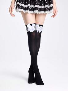 ROMWE Kawaii 1双女士过膝长袜，带蕾丝蝴蝶结装饰 - 黑與白 - 查看 3